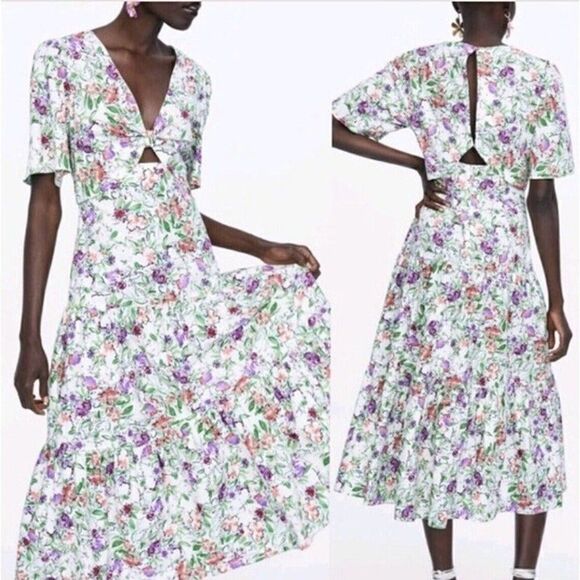 ZARA NWT Ivory Cream Floral Tiered Midi Dress Botanical Front Knot Size Small - Picture 1 of 12